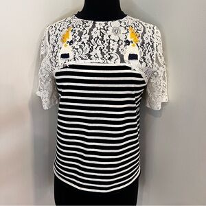 Anthropologie Betina parrot patch lace navy striped top